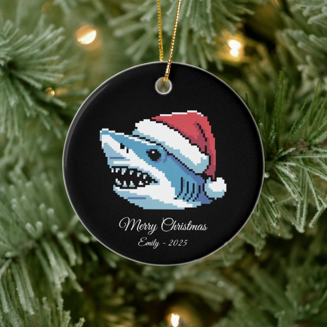 Adorno De Cerámica Pixel Art Shark Santa Hat (Árbol)