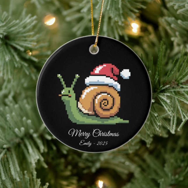 Adorno De Cerámica Pixel Art Snail Santa Hat Black (Árbol)