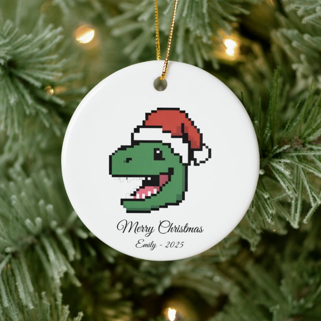 Adorno De Cerámica Pixel Art T-Rex Dinosaur Santa Hat Christmas Gift (Árbol)