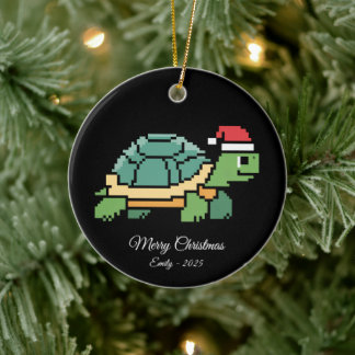 Adorno De Cerámica Pixel Art Turtle Tortoise Santa Hat
