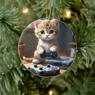 Adorno De Cerámica "Pixel Paws: The Gamer Kitten in Action"