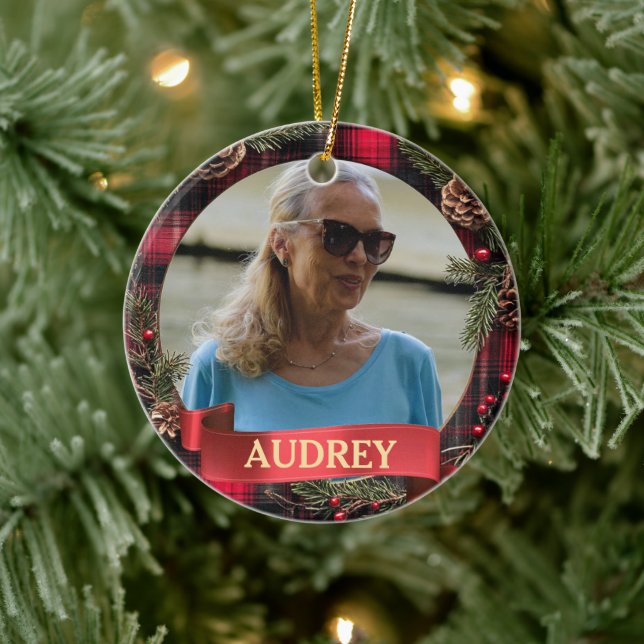 Adorno De Cerámica Plaid Christmas Wreath ANY Photo Tree Ornament (Árbol)