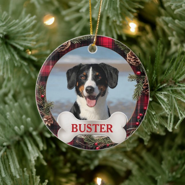 Adorno De Cerámica Plaid Christmas Wreath Dog Photo Tree Ornament (Árbol)