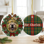 Adorno De Cerámica Plaid Christmas Wreath Festive Graphic<br><div class="desc">Celebrate the season with this traditional holiday design featuring a lush evergreen wreath, red bows, and a classic tartan plaid pattern. Capturing the warmth of a family home, this festive graphic includes playful bone and paw print accents for a canine-friendly touch. A perfect Christmas or holiday gift for the dog...</div>