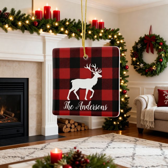 Adorno De Cerámica Plaid Deer Family Name Christmas Keepsake Ornament (Subido por el creador)