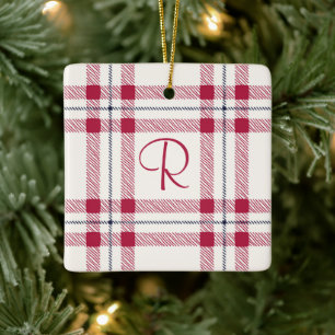 Adorno De Cerámica Plaid Monogram Red Farmhouse Country Navidades