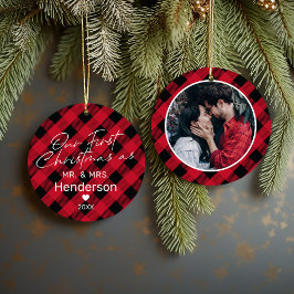 Adorno De Cerámica Plaid Red Mr & Mrs First Christmas