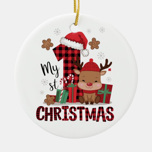 Adorno De Cerámica Plaid Reindeer “My 1st Christmas”  (Frente)