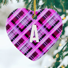 Adorno De Cerámica Plaid Rosa Bonito Tartán Moderno Monograma Navidad