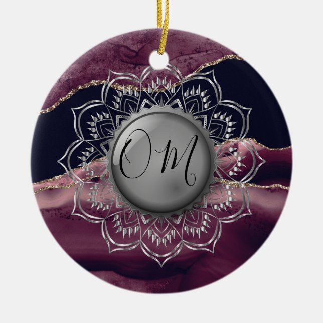 Adorno De Cerámica Plata Lotus OM Mandala Lavender Marble (Frente)