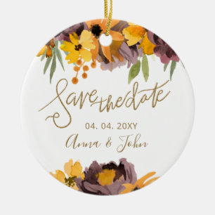 Adorno De Cerámica Plum Yellow Floral Gold Calligraphy Save the Date