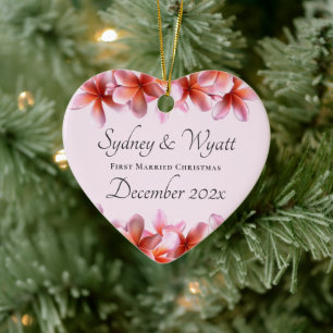 Adorno De Cerámica Plumeria Corazón hawaiano Primera Navidad Casada