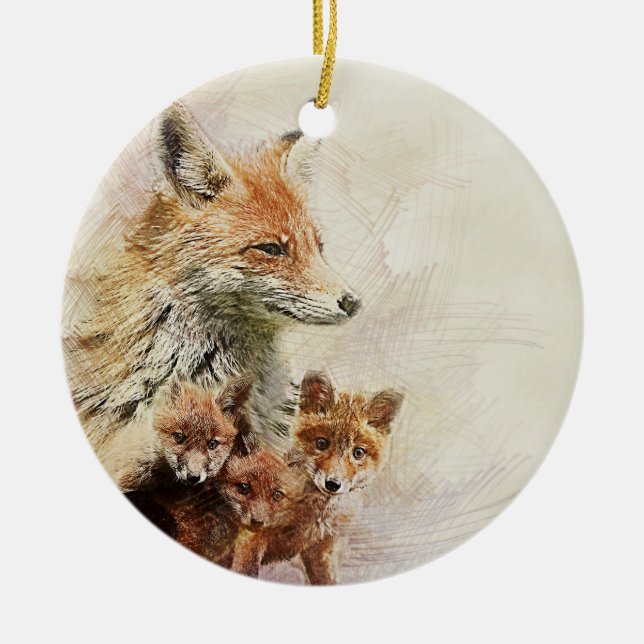 Adorno De Cerámica Poca familia del Fox rojo (Frente)