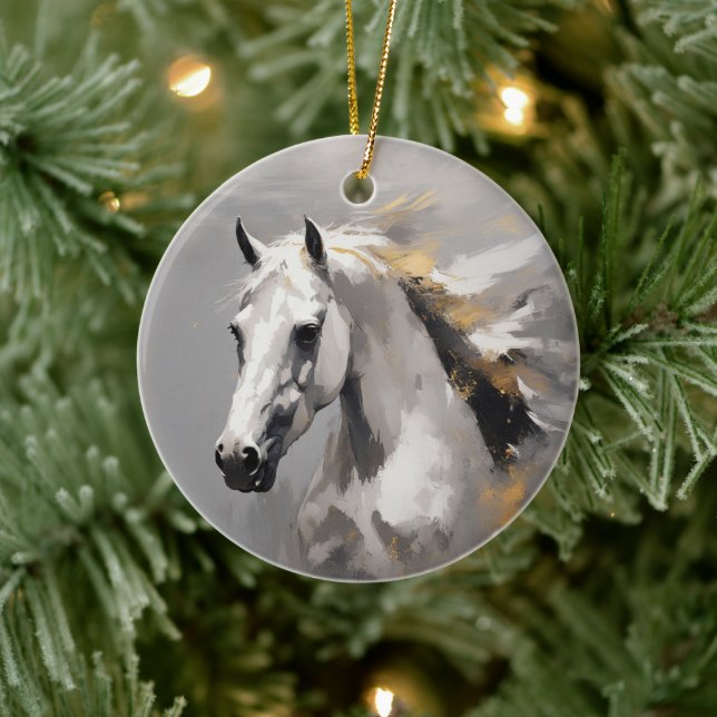 Adorno De Cerámica Poderoso retrato de caballo blanco con efecto óleo (Árbol)