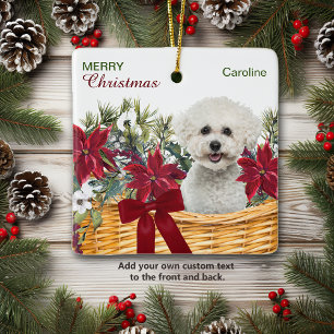 Adorno De Cerámica Poinsettia Bichon Frise Christmas Basket Ornament