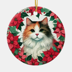Adorno De Cerámica Poinsettia Calico Cat Navidades