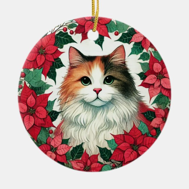 Adorno De Cerámica Poinsettia Calico Cat Navidades (Frente)