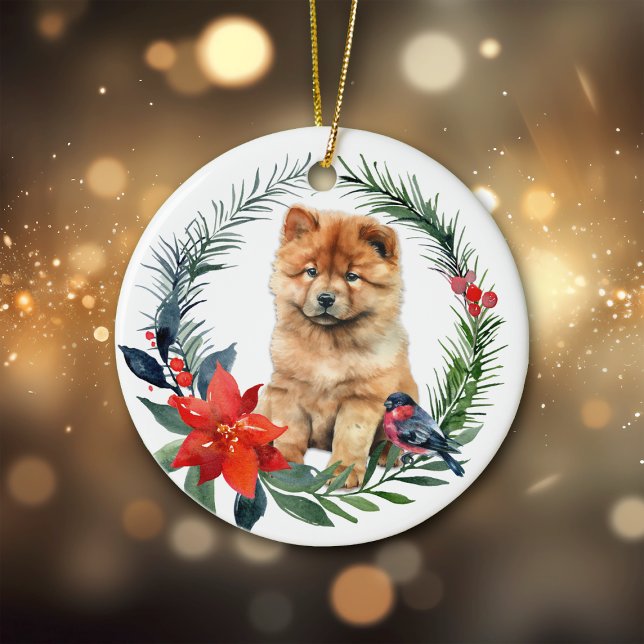 Adorno De Cerámica Poinsettia de la acuarela de Cute Chow Puppy (Subido por el creador)