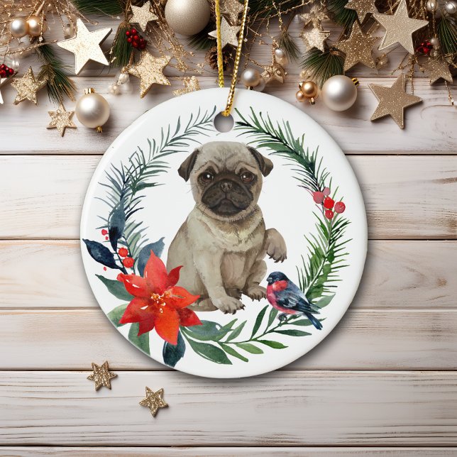 Adorno De Cerámica Poinsettia de la acuarela de la pug puppy Adorable (Subido por el creador)