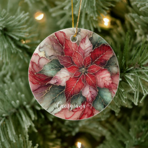 Adorno De Cerámica Poinsettia de tinta de alcohol floral festiva pers