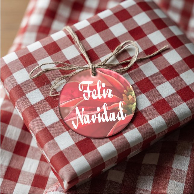 Adorno De Cerámica Poinsettia Feliz Navidad (Artistic Dual-Use! Our poinsettia inspired ornament doubles as a luxury gift tag.)