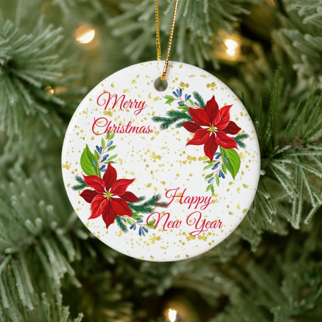 Adorno De Cerámica Poinsettia Floral Bouquet, Feliz Navidad (Árbol)