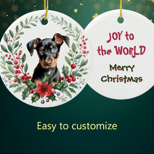 Adorno De Cerámica Poinsettia Holly Wreath Doberman Pinscher Puppy