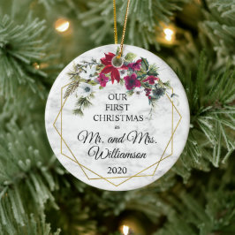 Adorno De Cerámica Poinsettia Pine Gold Frame 1st Christmas Married