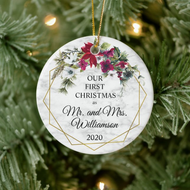 Adorno De Cerámica Poinsettia Pine Gold Frame 1st Christmas Married (Árbol)
