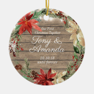 Adorno De Cerámica Poinsettia que nuestro primer navidad junto adorna