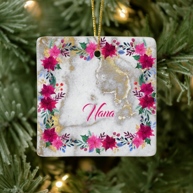 Adorno De Cerámica Poinsettia Rosa Brillante En Marble Nana (Árbol)