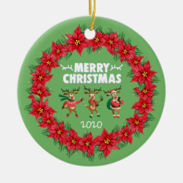 Adorno De Cerámica Poinsettia Wreath bailando reno Feliz Navidad