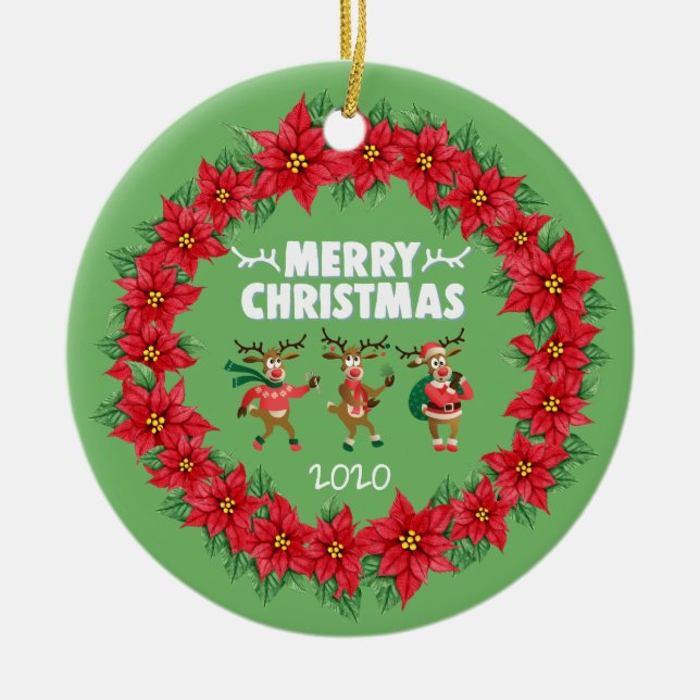 Adorno De Cerámica Poinsettia Wreath bailando reno Feliz Navidad (Frente)
