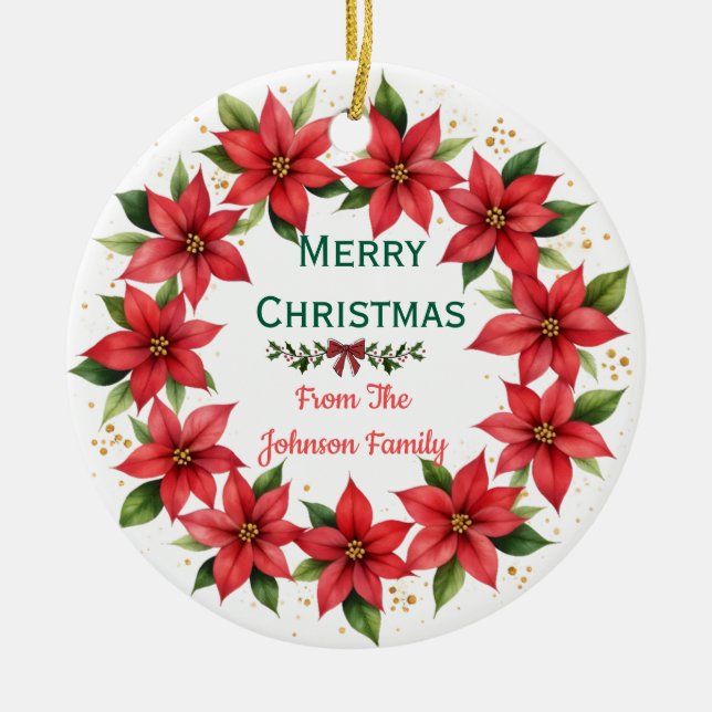 Adorno De Cerámica Poinsettia Wreath Family Christmas Ornament (Frente)