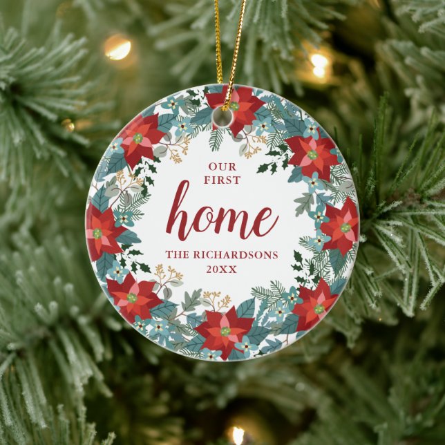 Adorno De Cerámica Poinsettia Wreath personalizó nuestras primeras na (Árbol)