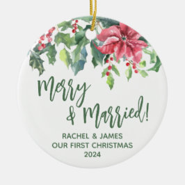 Adorno De Cerámica Poinsettia y Holly primera navidad morada y casada