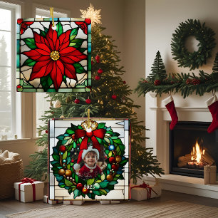 Adorno De Cerámica Poinsettias Únicas Vidrio Pintado Falso
