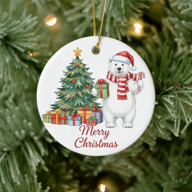 Adorno De Cerámica Polar Bear Merry Christmas Ornament - Personalized (Árbol)