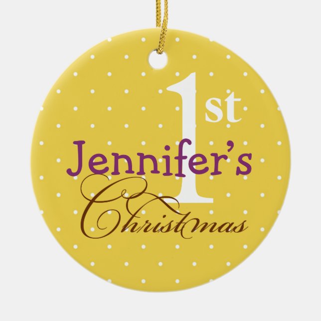 Adorno De Cerámica Polka amarillo no hace púrpura nombre bebé primer  (Frente)