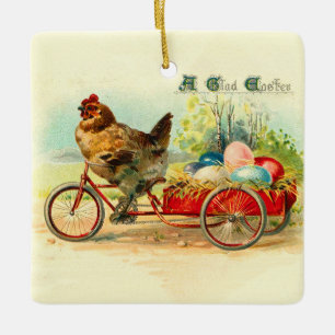 Adorno De Cerámica Pollito vintage en bicicleta Pascua