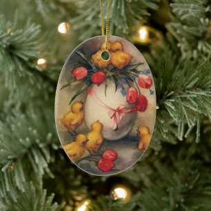 Adorno De Cerámica Pollitos de Pascua antiguos, huevo con flores de t