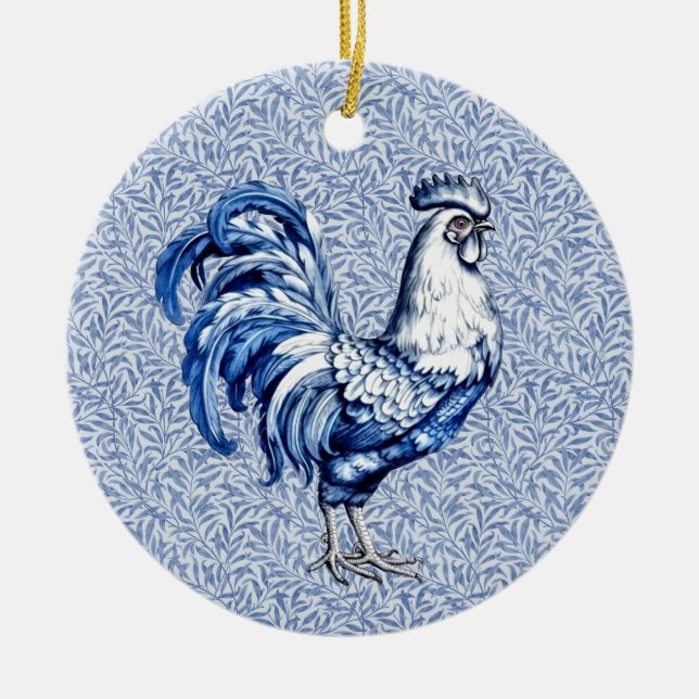 Adorno De Cerámica Pollo De Gallo Azul Y Blanco Delft (Frente)