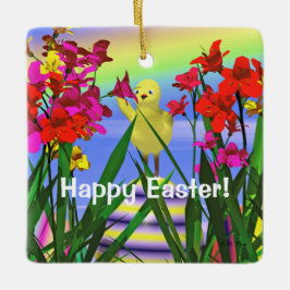 Adorno De Cerámica Pollo de Pascua y Flores