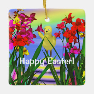 Adorno De Cerámica Pollo de Pascua y Flores