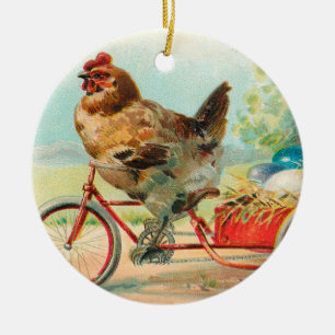Adorno De Cerámica Pollo vintage de Pascua montando un huevo de Pascu