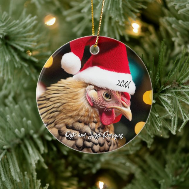 Adorno De Cerámica Pollo Wyandotte con Navidades de Santa Hat (Árbol)