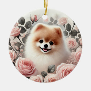 Adorno De Cerámica Pomerania adorable rodeada de rosas rosas rosas
