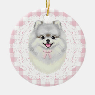 Adorno De Cerámica Pomerania Blanca Coquette Perro Lazos de Cuadros R