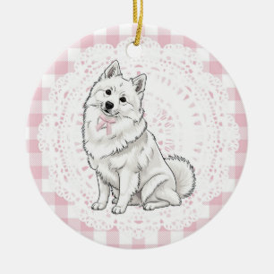 Adorno De Cerámica Pomerania Coquette Perro Lazos de Gingham Rosa