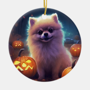 Adorno De Cerámica Pomerania de Halloween con calabazas aterradoras